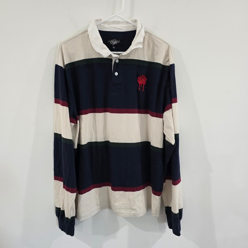 Vintage Mens Rugby Shirt Size XL Multi Color Striped Rose Embroidered Preppy